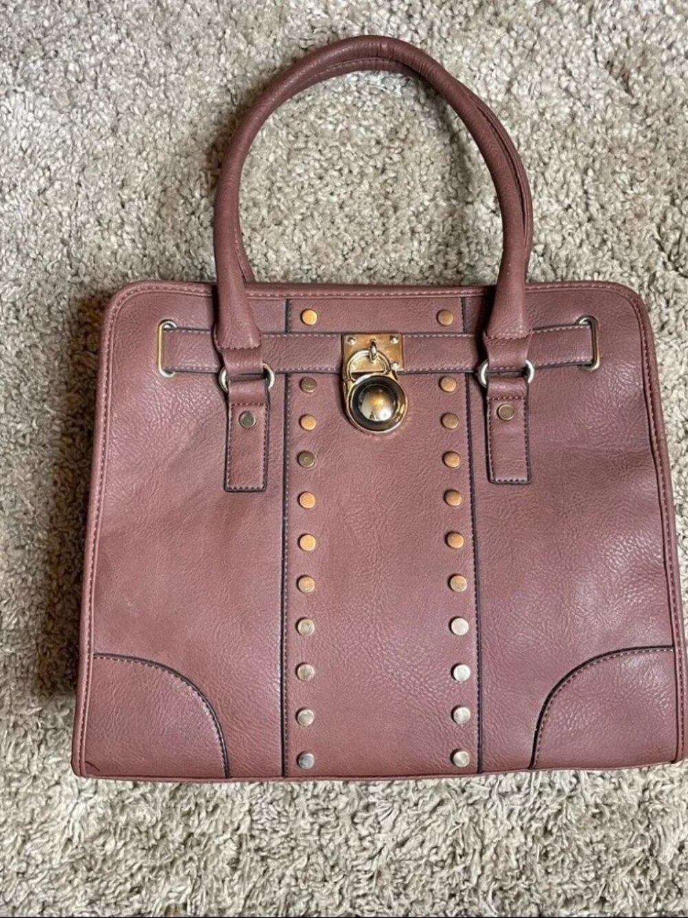 Vintage-Inspired Brown Faux Leather Satchel Bag | Studded Top Handle Purse